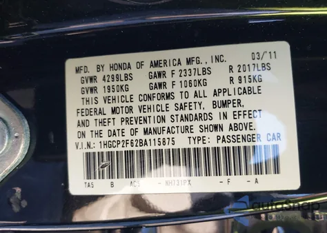 2011 Honda Accord 2.4 Se from USA, damaged, VIN 1HGCP2F62BA115875